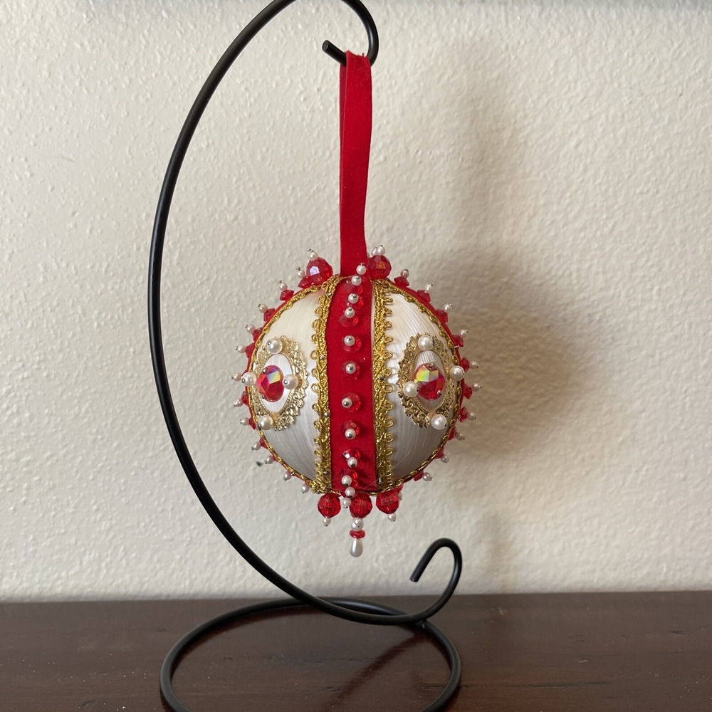 Vintage Bead Sequin Push Pin Christmas Tree Ornament Red Gold Velvet Completed
